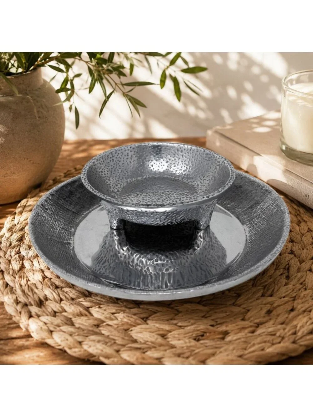 Mexican Hammered Metal Footed Bowl & Tray Set